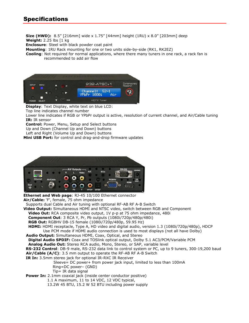 Specifications | Contemporary Research 232-ATSC+1 User Manual | Page 4 / 29