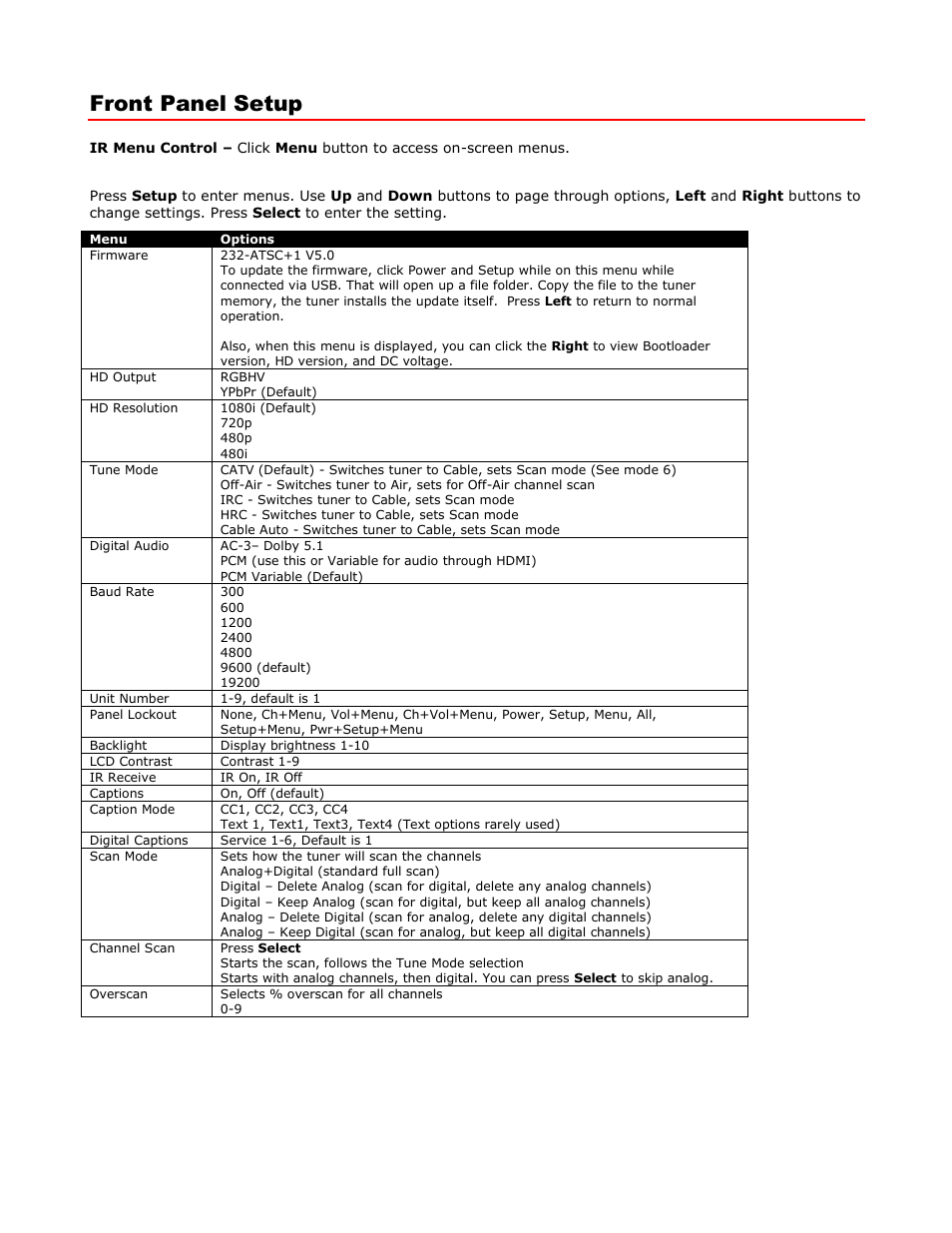 Front panel setup, Setup menus | Contemporary Research 232-ATSC+1 User Manual | Page 7 / 29