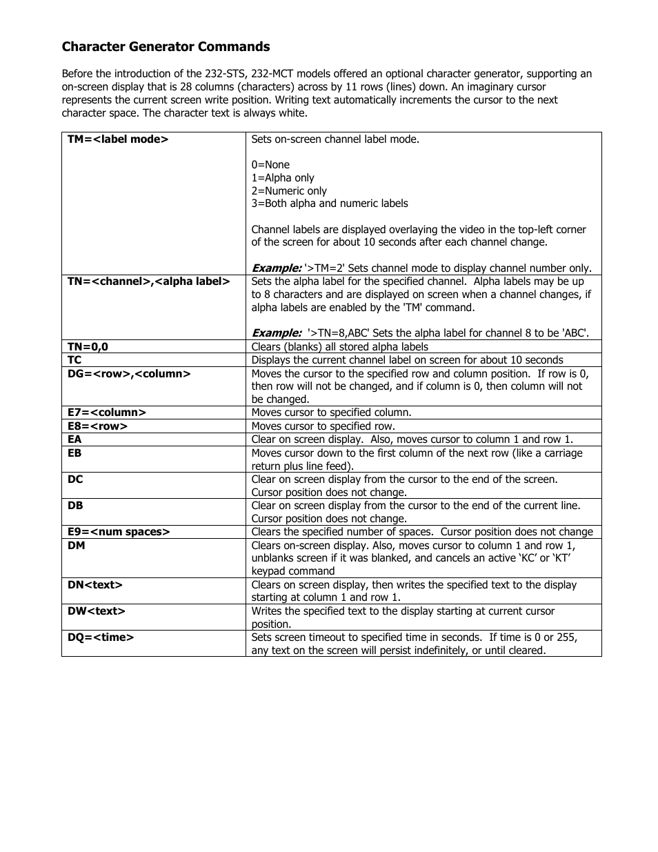 Character generator commands | Contemporary Research 232-MCT User Manual | Page 11 / 18
