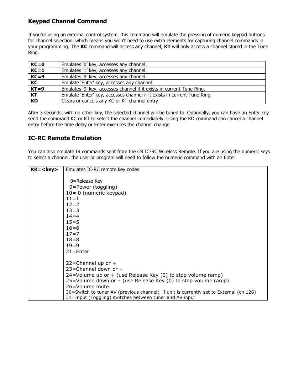 Keypad channel command, Ic-rc remote emulation | Contemporary Research 232-MCT User Manual | Page 12 / 18