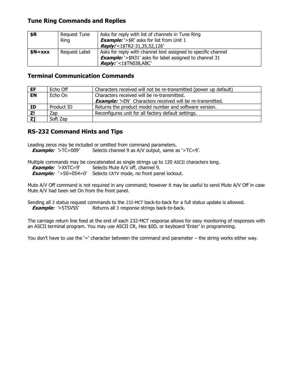 Tune ring commands and replies, Terminal communication commands, Rs-232 command hints and tips | Contemporary Research 232-MCT User Manual | Page 13 / 18