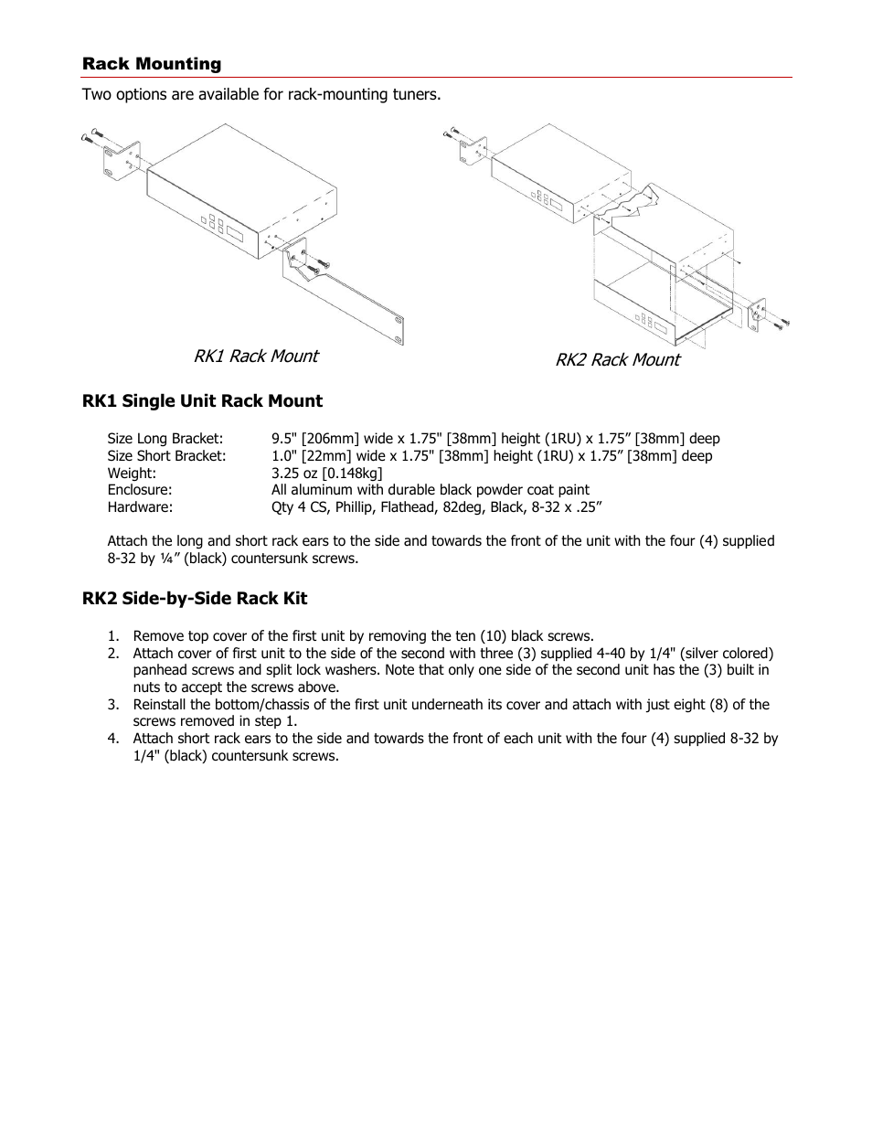 Rack mounting, Rk1 single unit rack mount, Rk2 side-by-side rack kit | Contemporary Research 232-MCT User Manual | Page 16 / 18