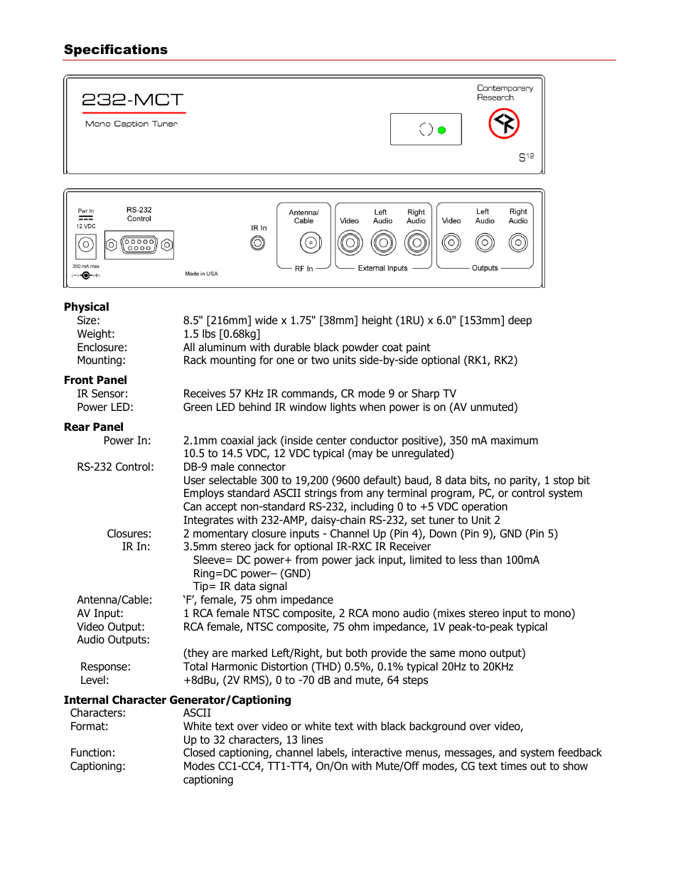 Specifications, Physical, Front panel | Rear panel, Internal character generator/captioning | Contemporary Research 232-MCT User Manual | Page 4 / 18