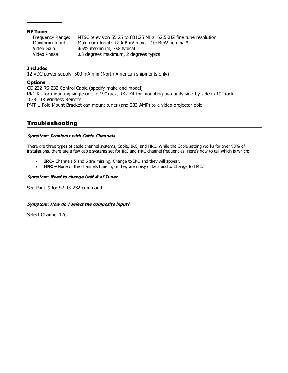 Rf tuner, Includes, Options | Troubleshooting | Contemporary Research 232-MCT User Manual | Page 5 / 18