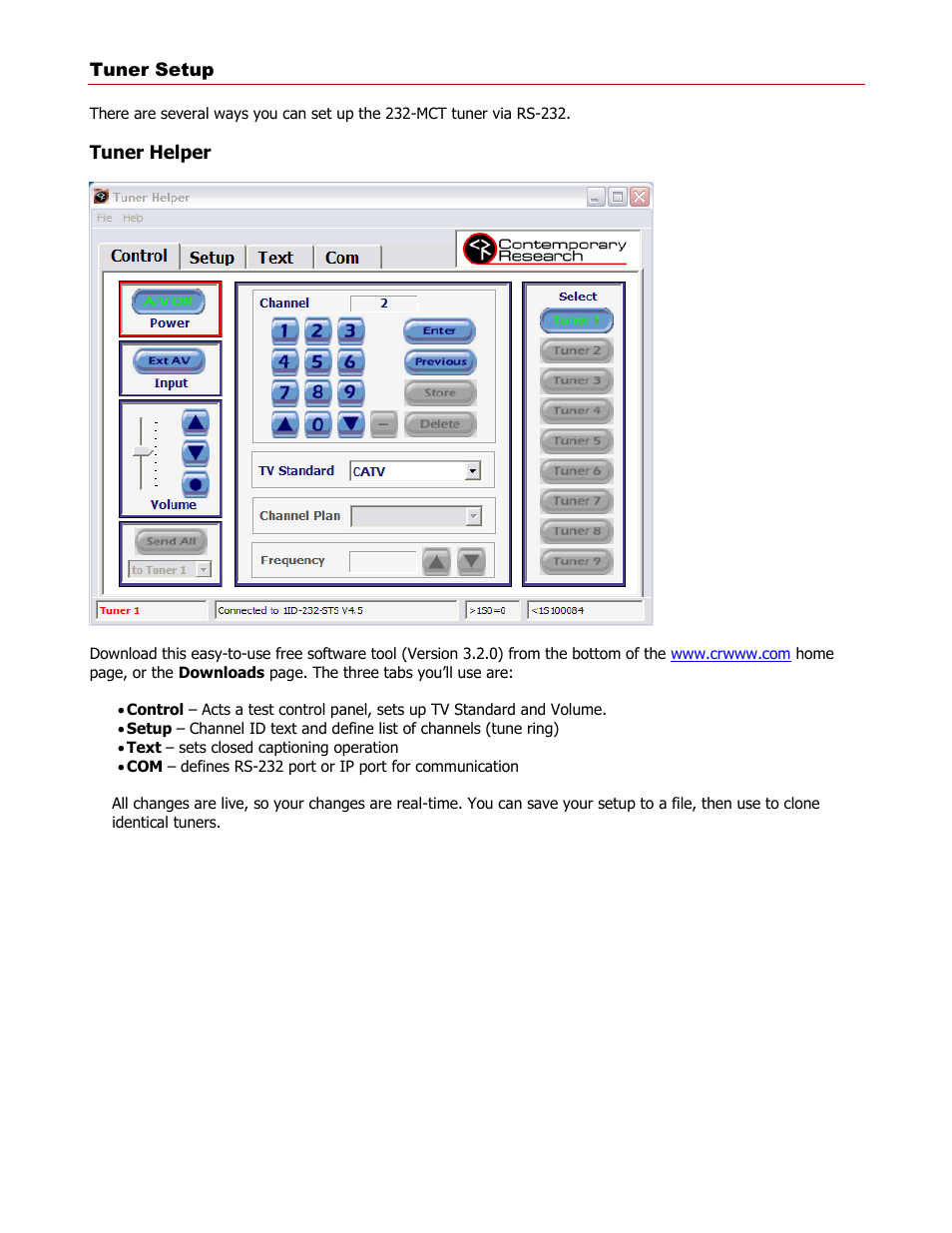 Tuner setup, Tuner helper | Contemporary Research 232-MCT User Manual | Page 6 / 18