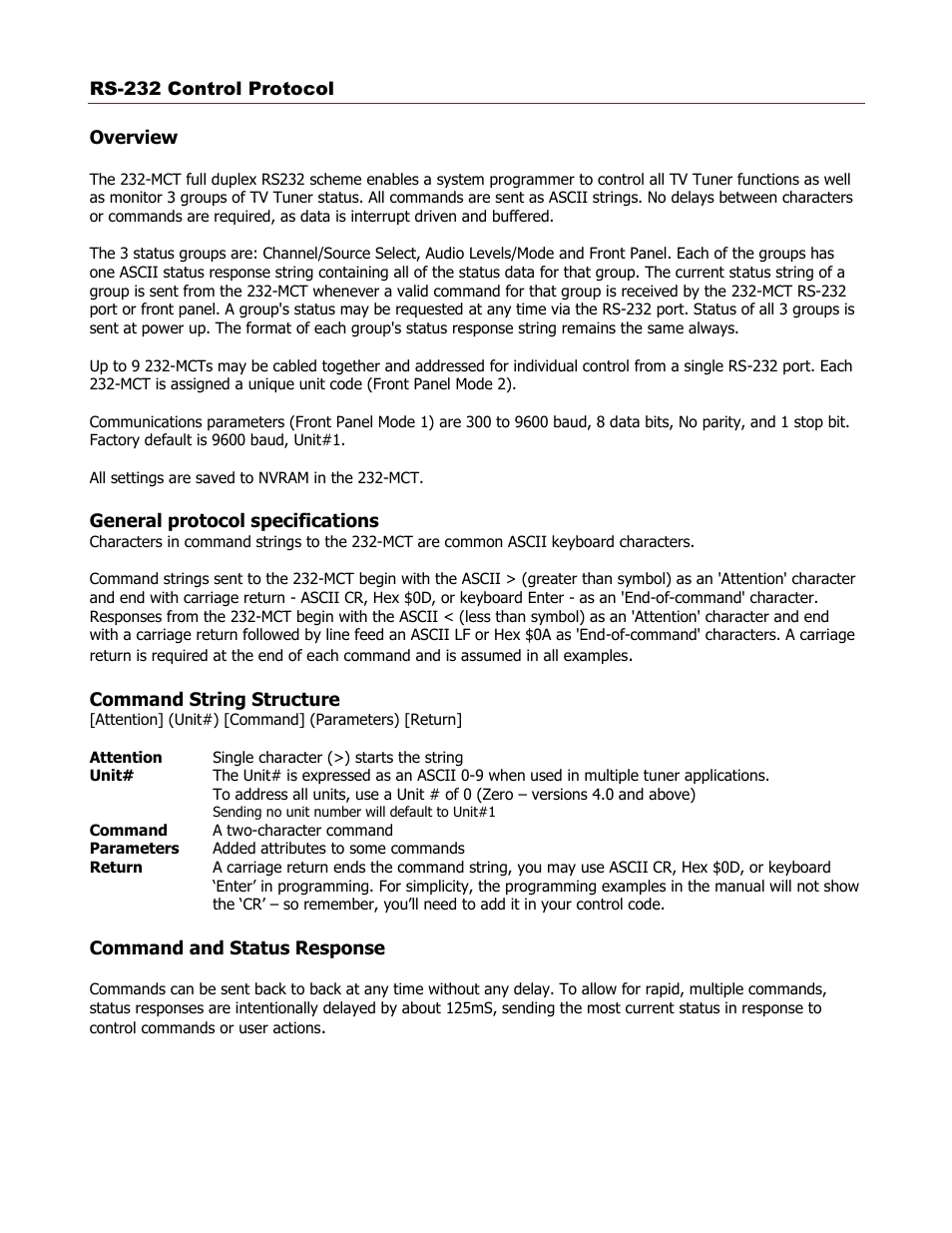 Rs-232 control protocol, Overview, General protocol specifications | Command string structure, Command and status response | Contemporary Research 232-MCT User Manual | Page 8 / 18