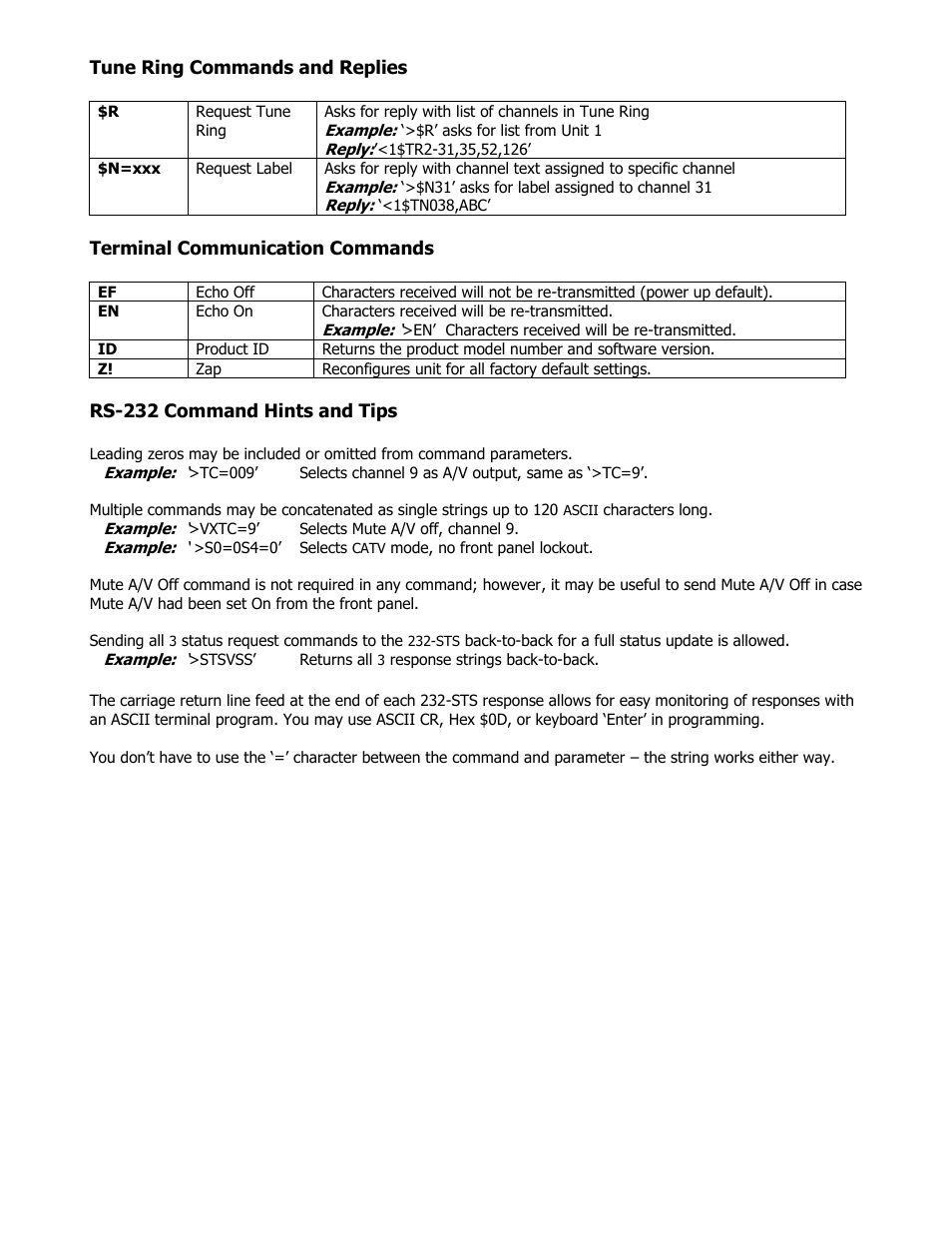 Tune ring commands and replies, Terminal communication commands, Rs-232 command hints and tips | Contemporary Research 232-STS User Manual | Page 13 / 18