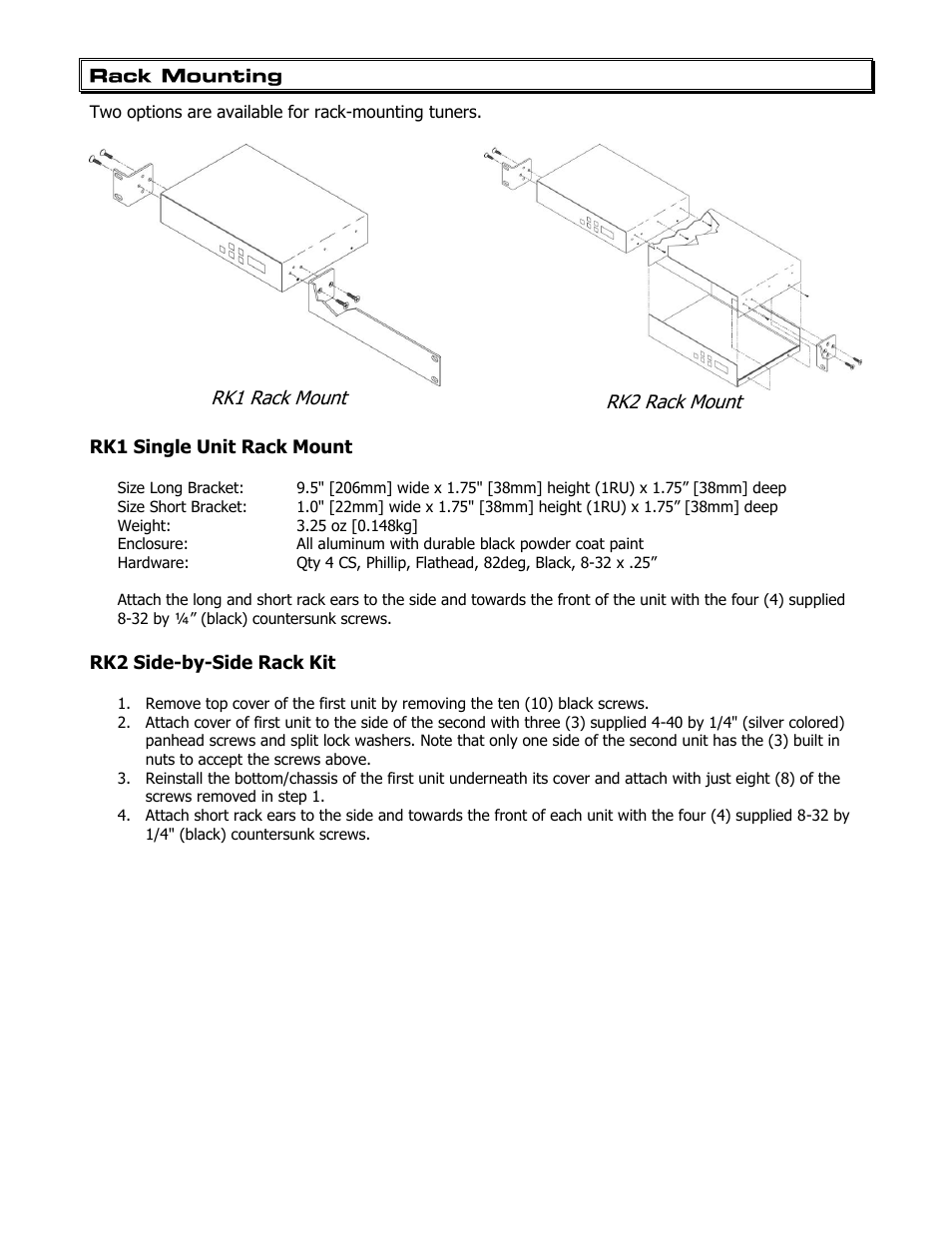 Rack mounting, Rk1 single unit rack mount, Rk2 side-by-side rack kit | Contemporary Research 232-STS User Manual | Page 16 / 18