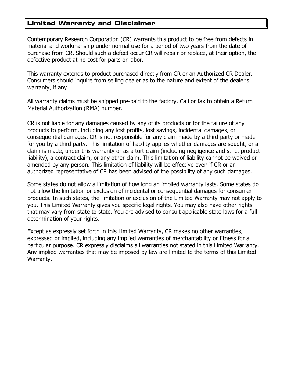Limited warranty and disclaimer | Contemporary Research 232-STS User Manual | Page 18 / 18
