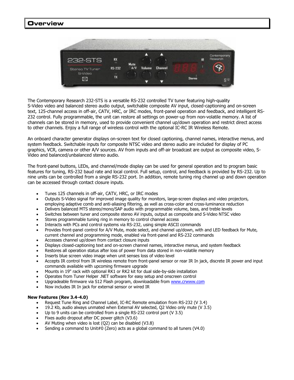 Overview, New features (rev 3.4-4.0) | Contemporary Research 232-STS User Manual | Page 3 / 18