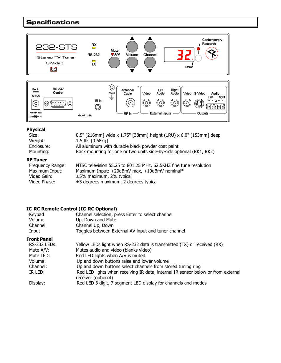 Specifications, Physical, Rf tuner | Ic-rc remote control (ic-rc optional), Front panel | Contemporary Research 232-STS User Manual | Page 4 / 18