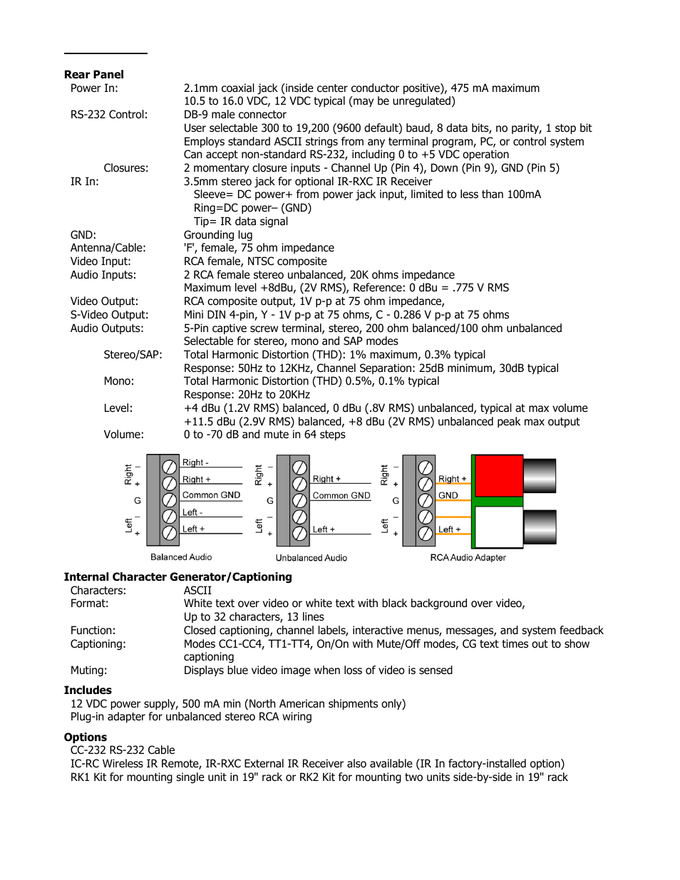 Rear panel, Internal character generator/captioning, Includes | Options | Contemporary Research 232-STS User Manual | Page 5 / 18