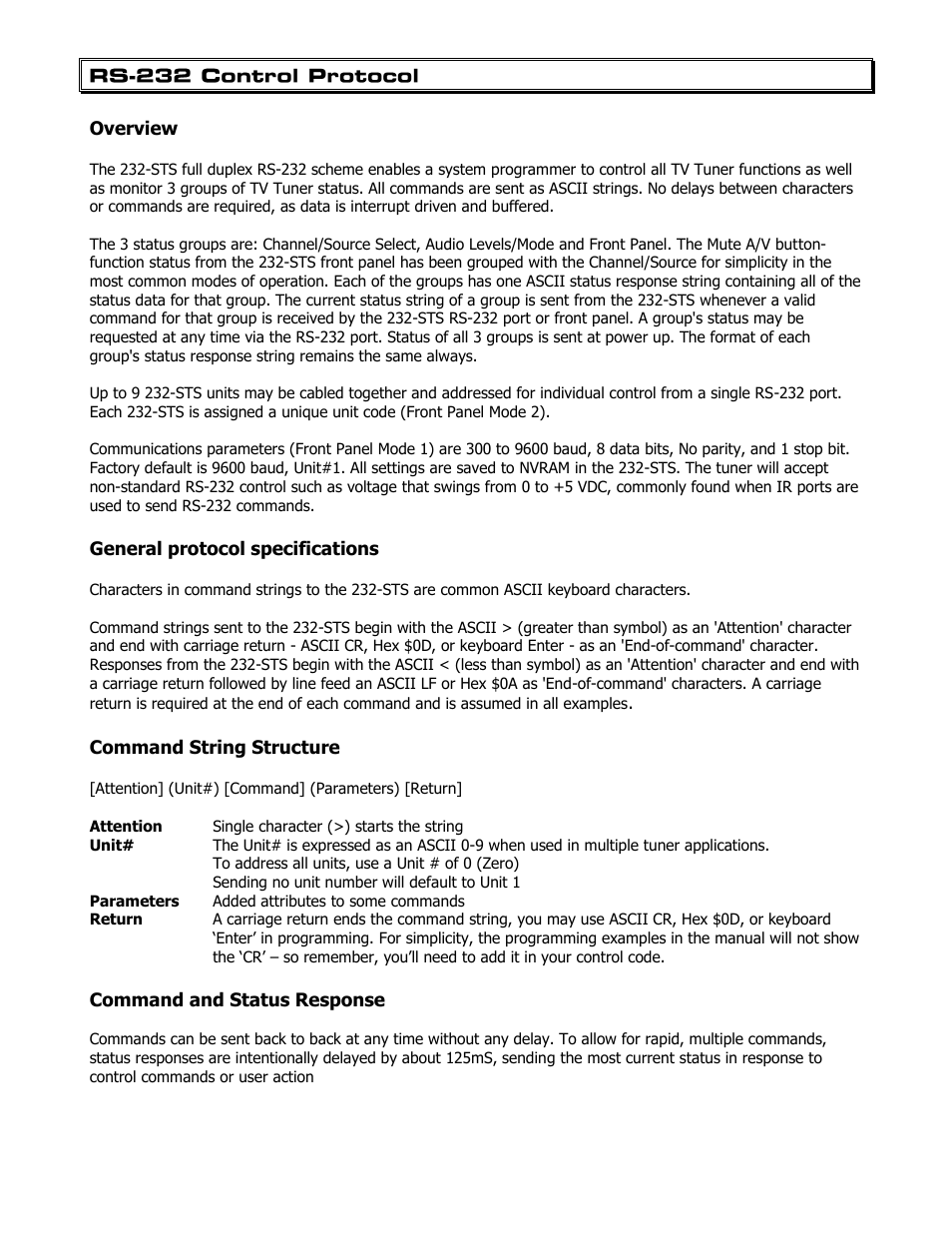 Rs-232 control protocol, Overview, General protocol specifications | Command string structure, Command and status response | Contemporary Research 232-STS User Manual | Page 8 / 18