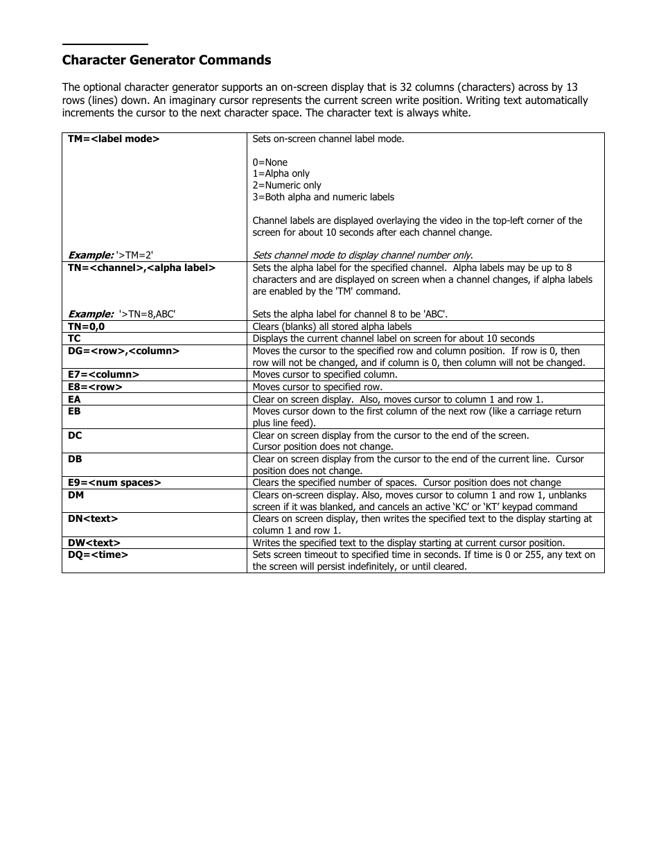 Character generator commands | Contemporary Research 232-STSi V 6.3 User Manual | Page 13 / 20