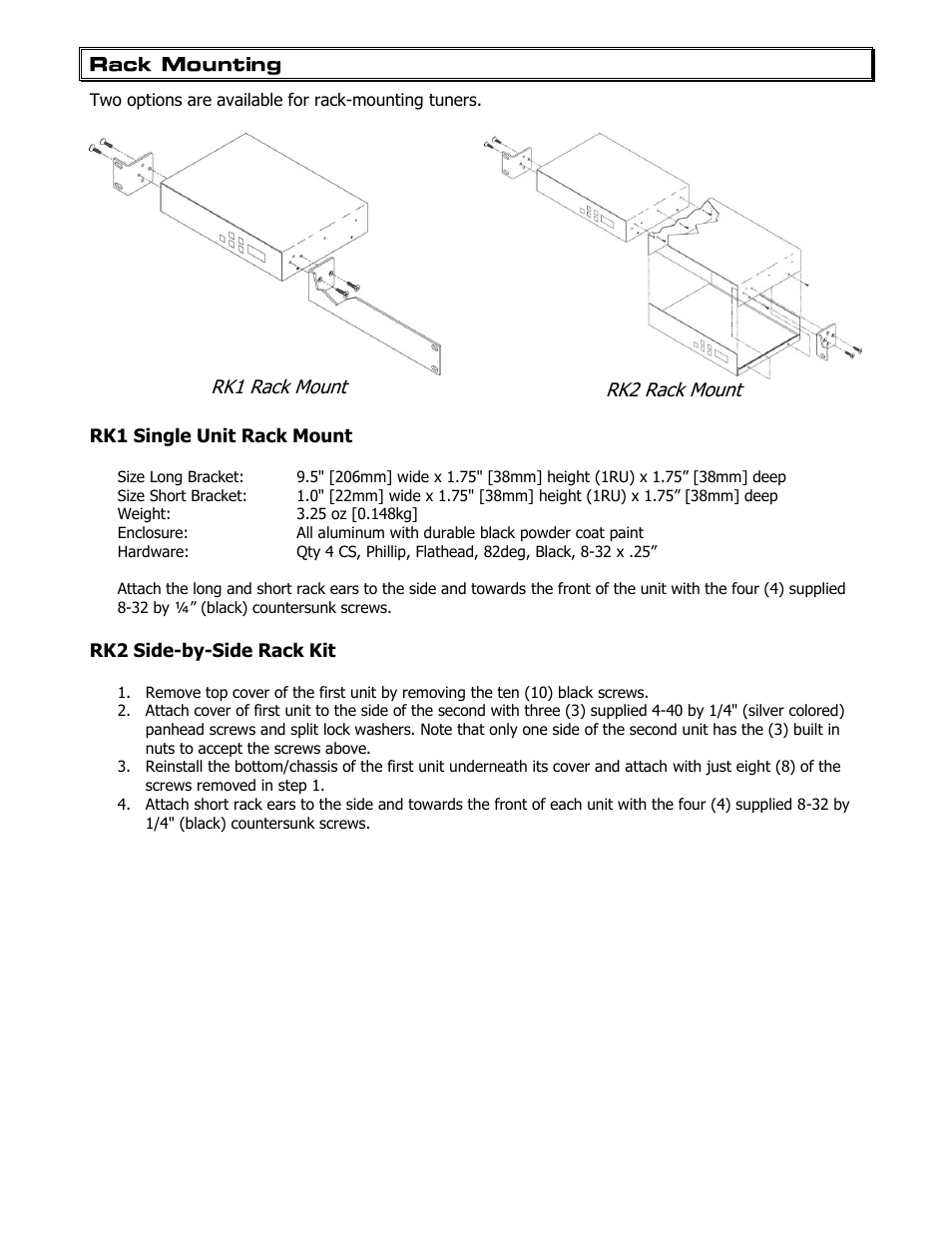 Rack mounting, Rk1 single unit rack mount, Rk2 side-by-side rack kit | Contemporary Research 232-STSi V 6.3 User Manual | Page 18 / 20