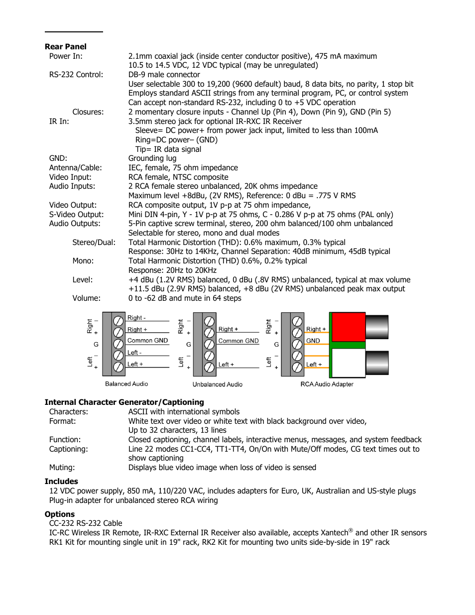 Rear panel, Internal character generator/captioning, Includes | Options | Contemporary Research 232-STSi V 6.3 User Manual | Page 5 / 20