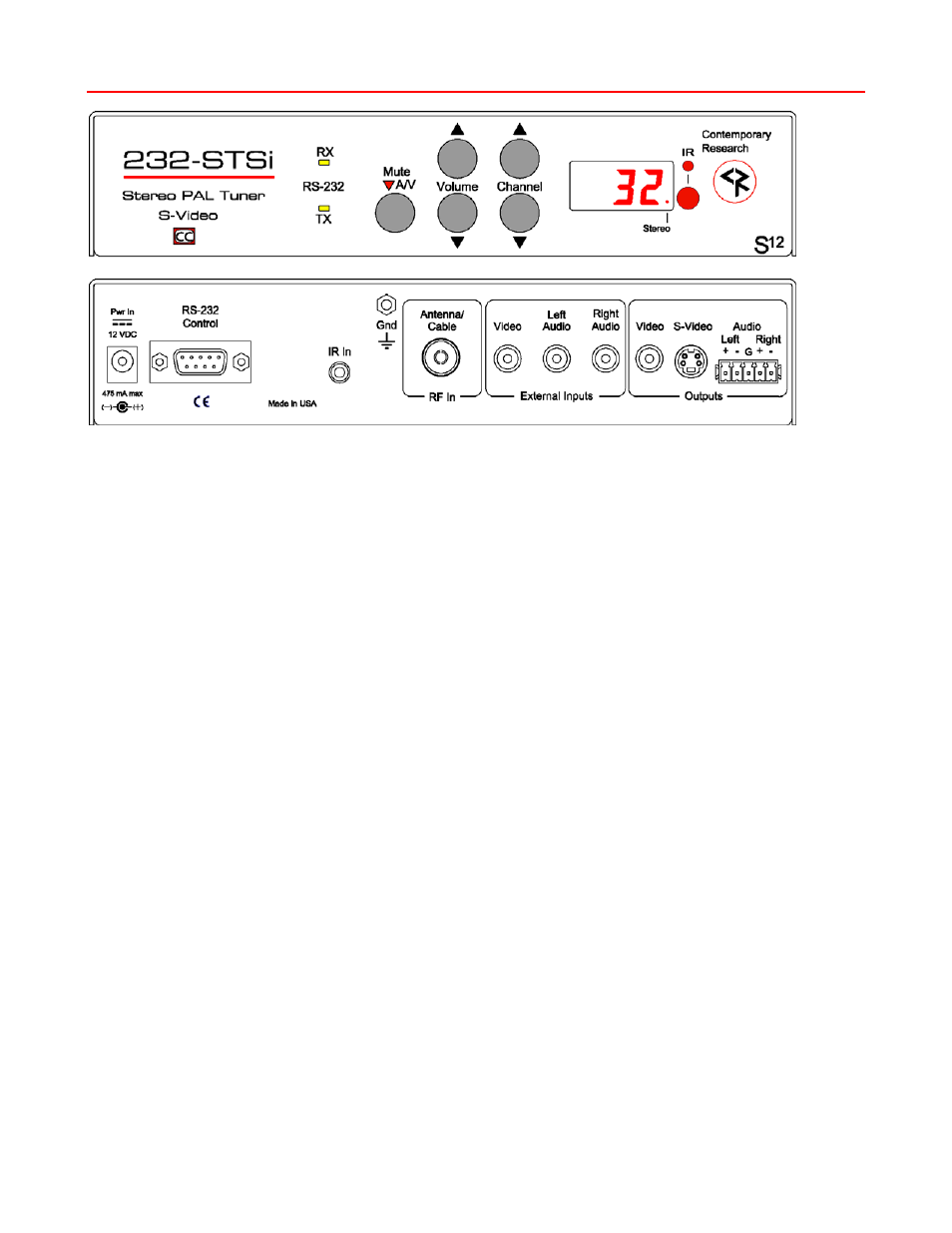 Specifications, Physical, Rf tuner | Ic-rc remote control (optional), Front panel | Contemporary Research 232-STSi V 4.5 User Manual | Page 4 / 26