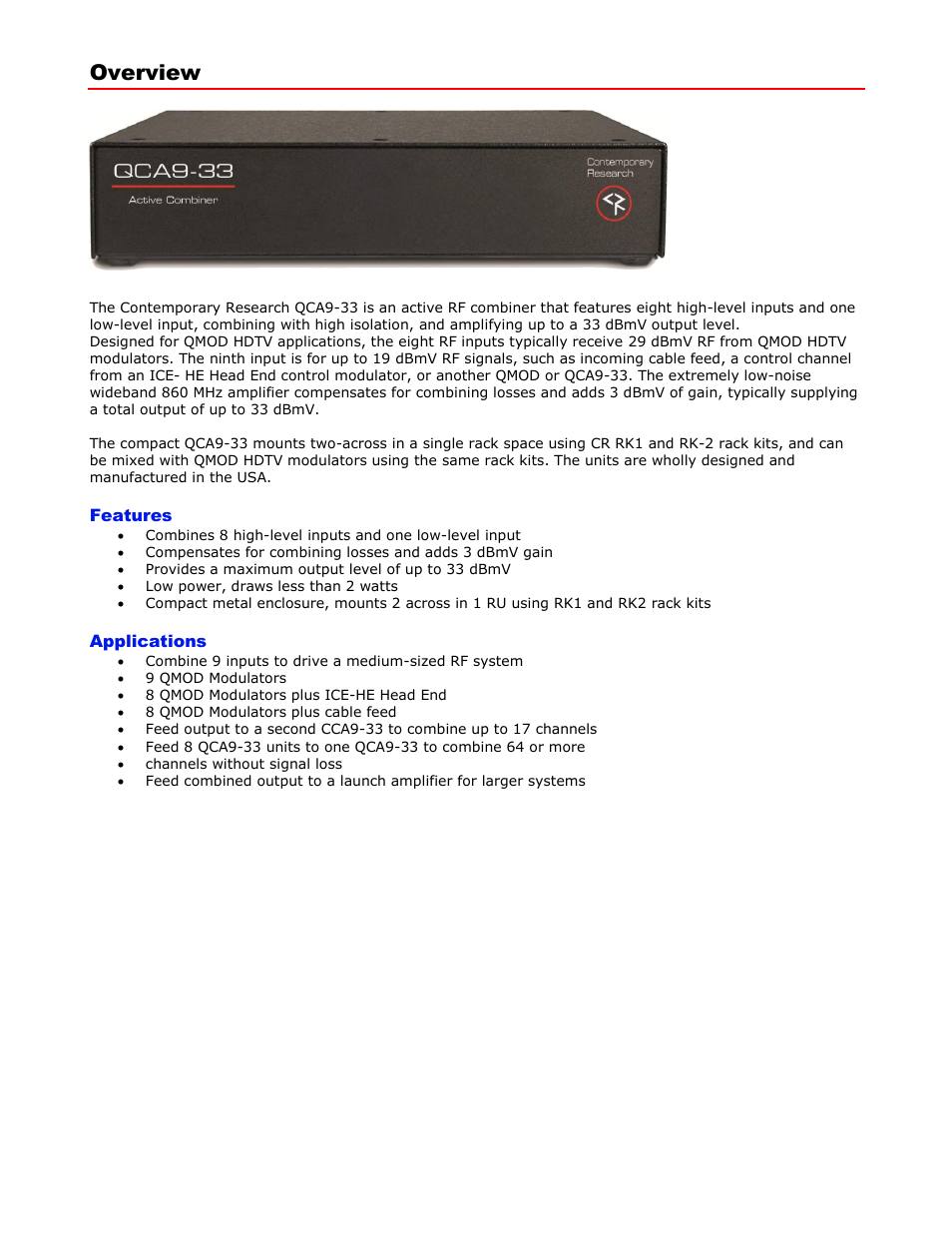 Overview | Contemporary Research QCA9-33 User Manual | Page 3 / 8
