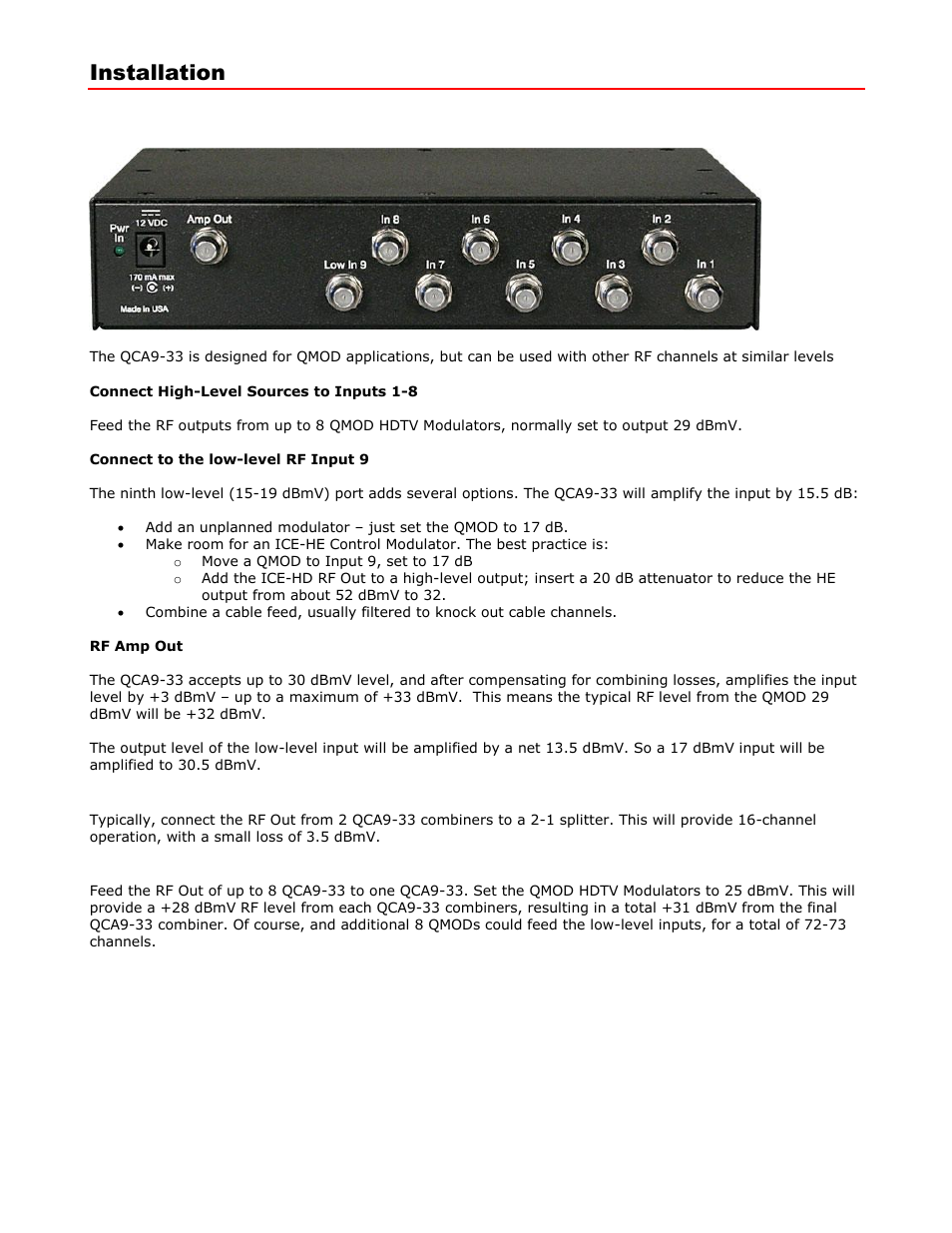 Installation, Basic setup, Channel operation | 64 channel operation | Contemporary Research QCA9-33 User Manual | Page 5 / 8