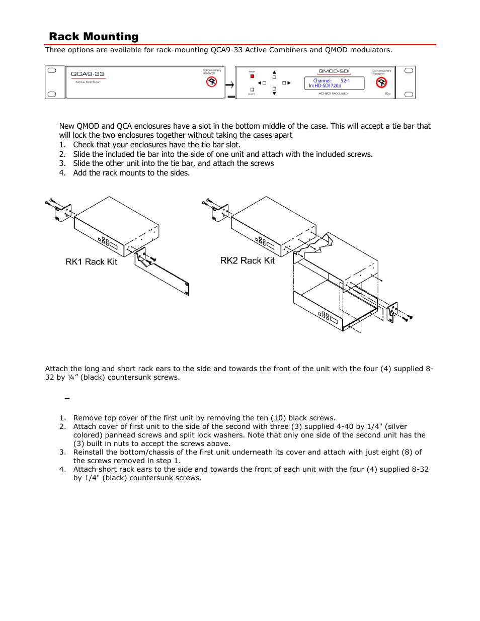 Rack mounting, Rk2 dual rack kit with tie bar mounting, Rk1 single unit rack mount | Rk2 – locking cases together | Contemporary Research QCA9-33 User Manual | Page 6 / 8
