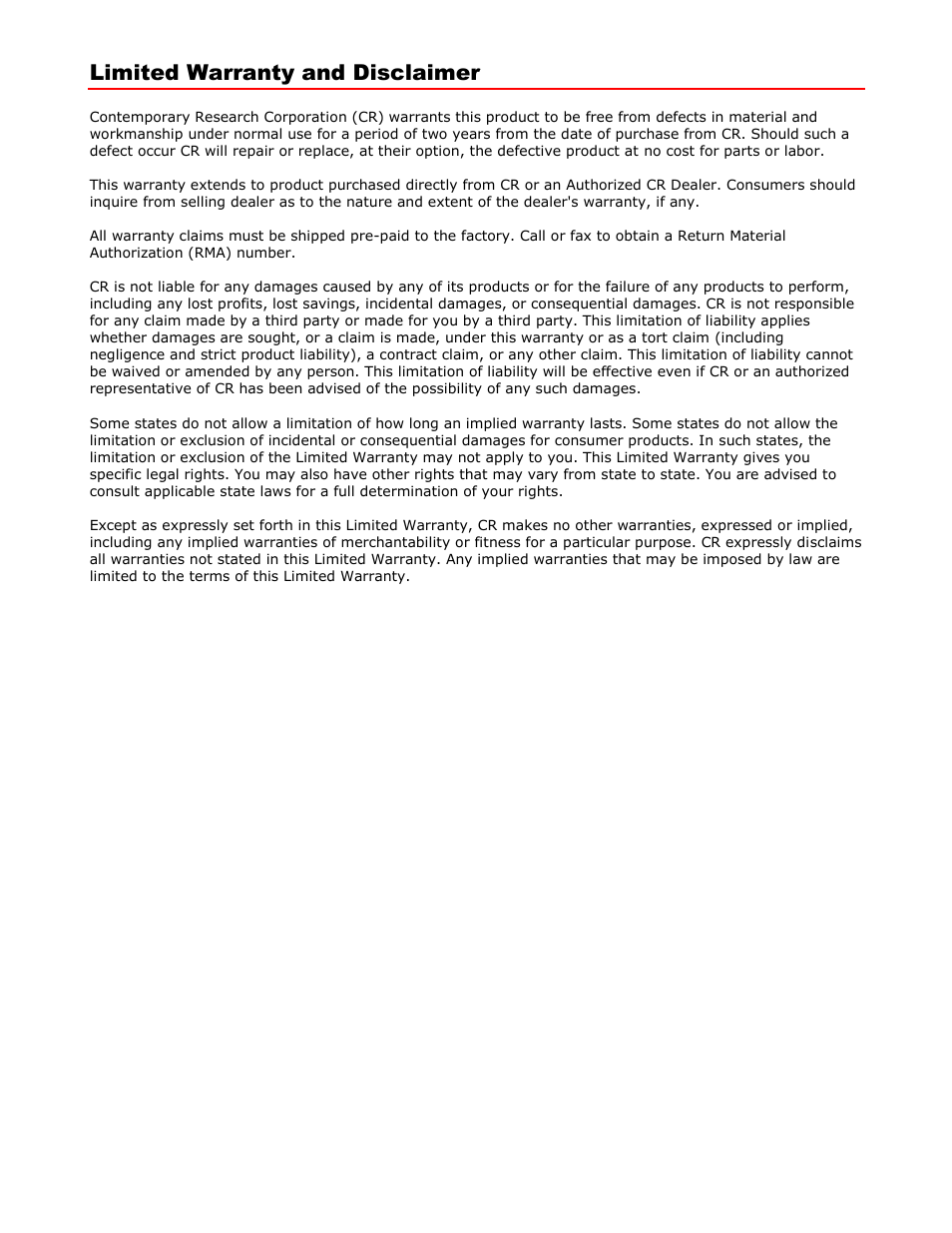 Limited warranty and disclaimer | Contemporary Research QCA9-33 User Manual | Page 8 / 8