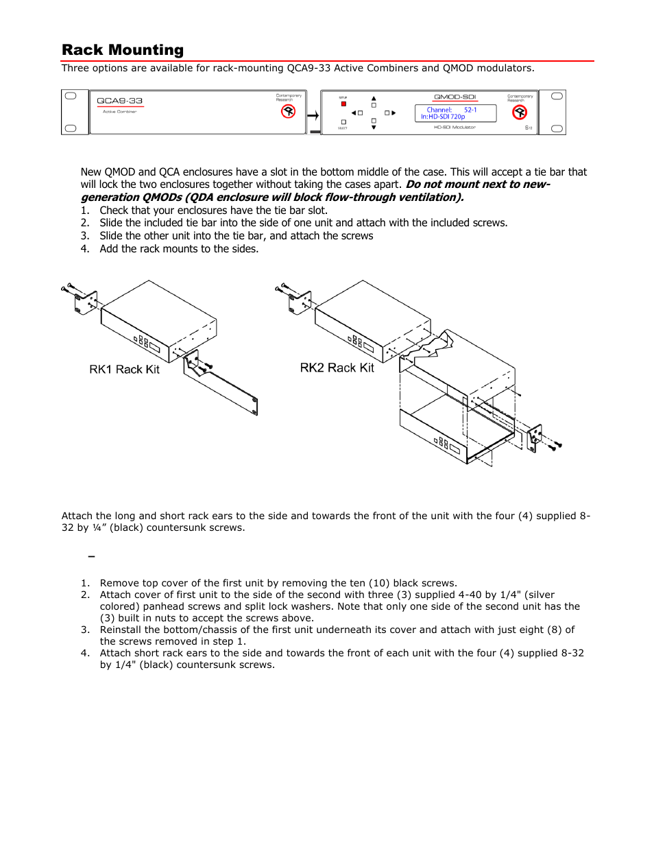 Rack mounting, Rk2 dual rack kit with tie bar mounting, Rk1 single unit rack mount | Locking, Cases together | Contemporary Research QDA4-45 RF User Manual | Page 6 / 8