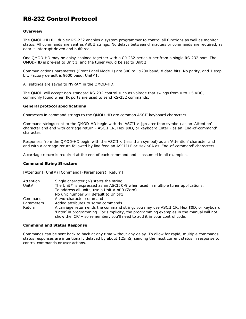 Rs-232 control protocol | Contemporary Research QMOD-HD Manual User Manual | Page 10 / 15