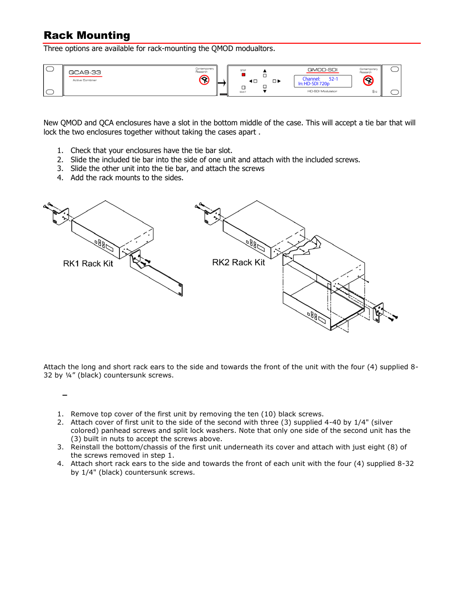 Rack mounting, Rk2 dual rack kit with tie bar mounting, Rk1 single unit rack mount | Rk2 – locking cases together | Contemporary Research QMOD-HD Manual User Manual | Page 13 / 15