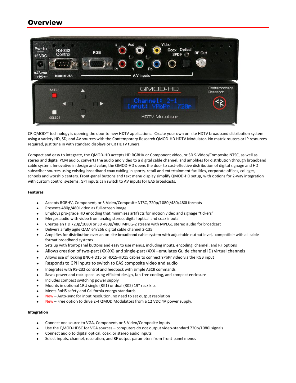 Overview, Features | Contemporary Research QMOD-HD Manual User Manual | Page 3 / 15