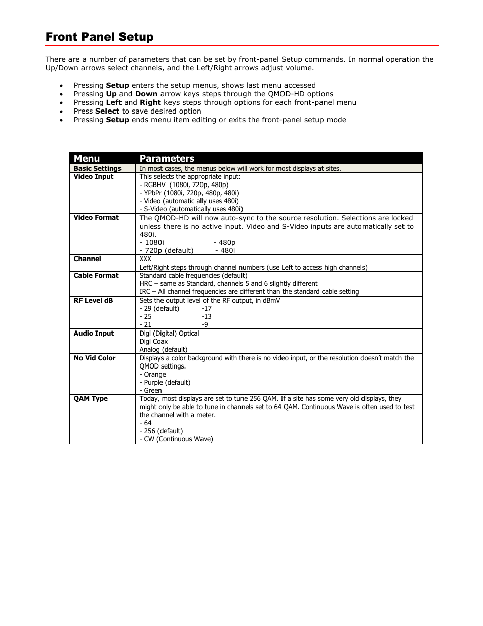 Front panel setup, Front panel menus, Menu parameters | Contemporary Research QMOD-HD Manual User Manual | Page 5 / 15