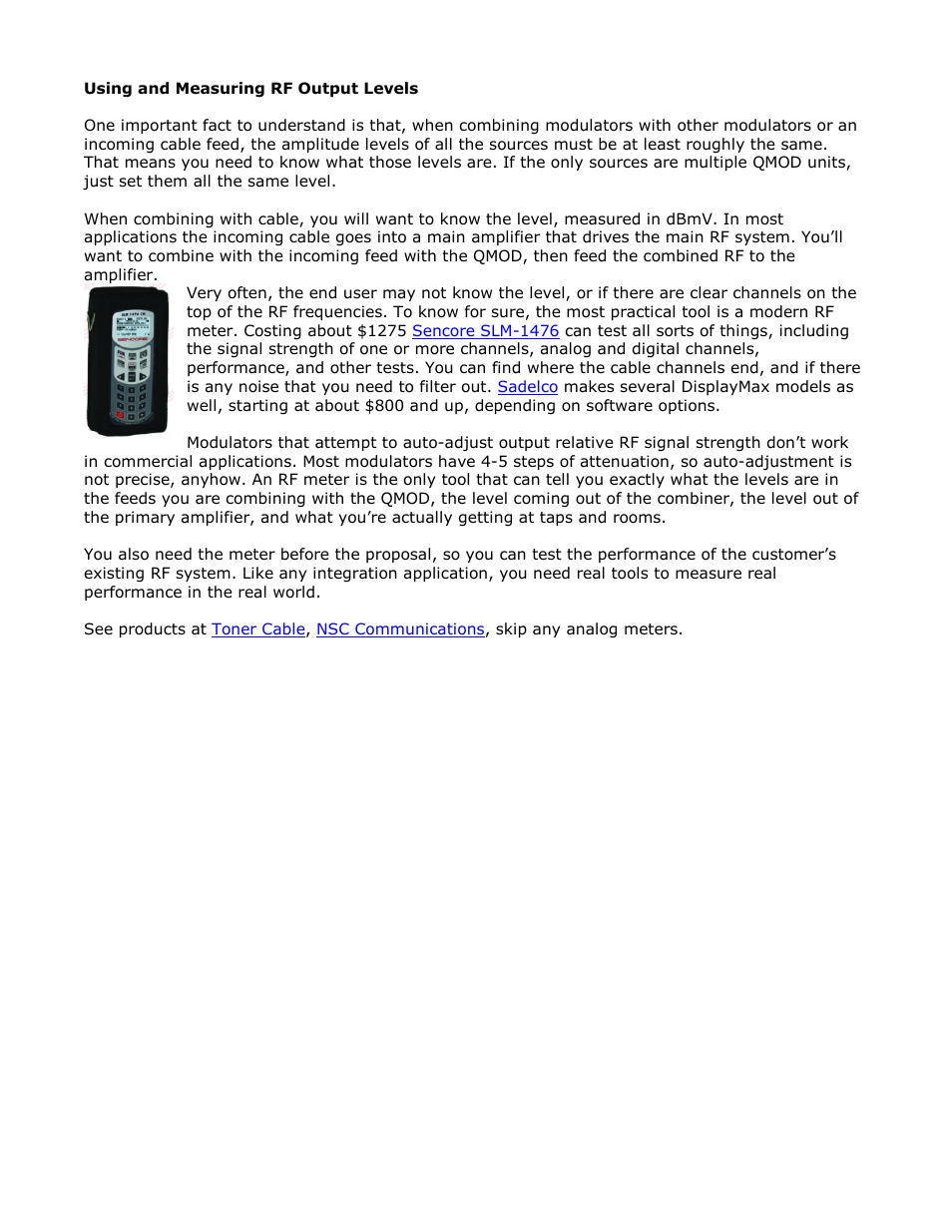 Using and measuring rf output levels | Contemporary Research QMOD-SDI Integration Guide User Manual | Page 13 / 19