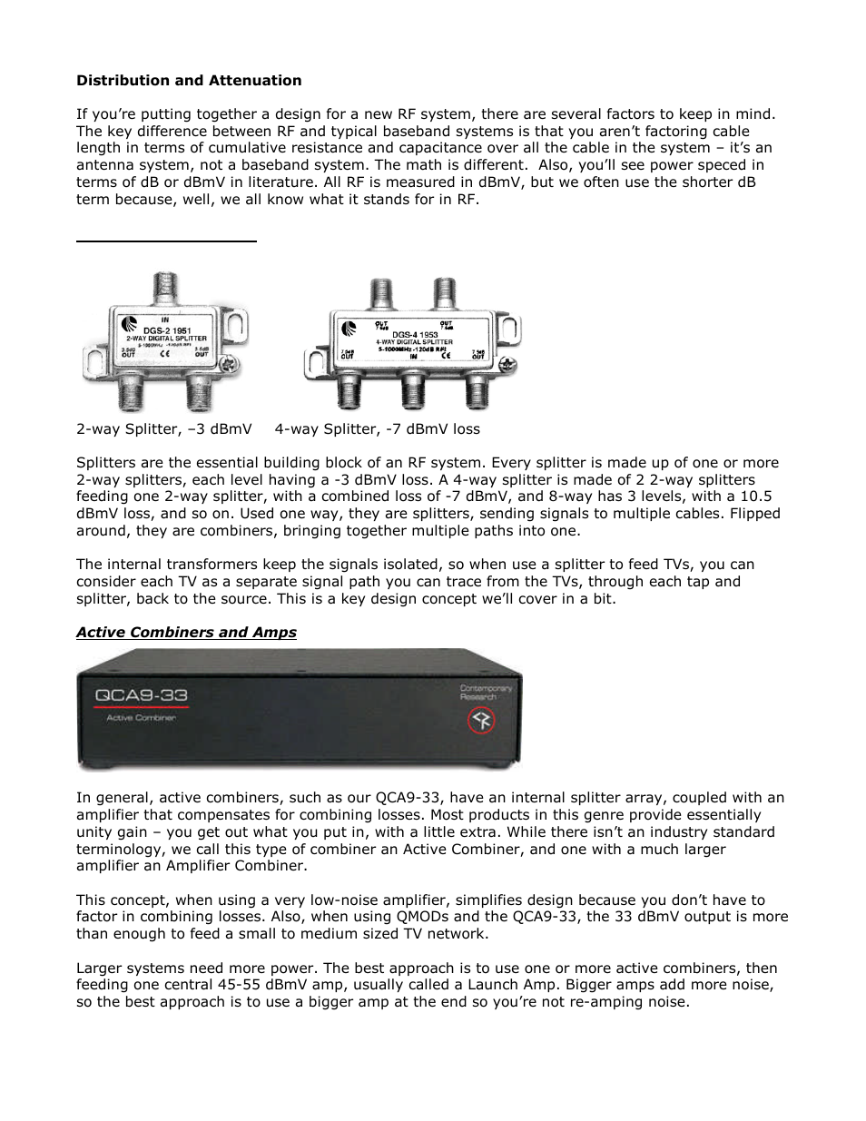 Distribution and attenuation, Splitters and combiners, Active combiners and amps | Contemporary Research QMOD-SDI Integration Guide User Manual | Page 15 / 19