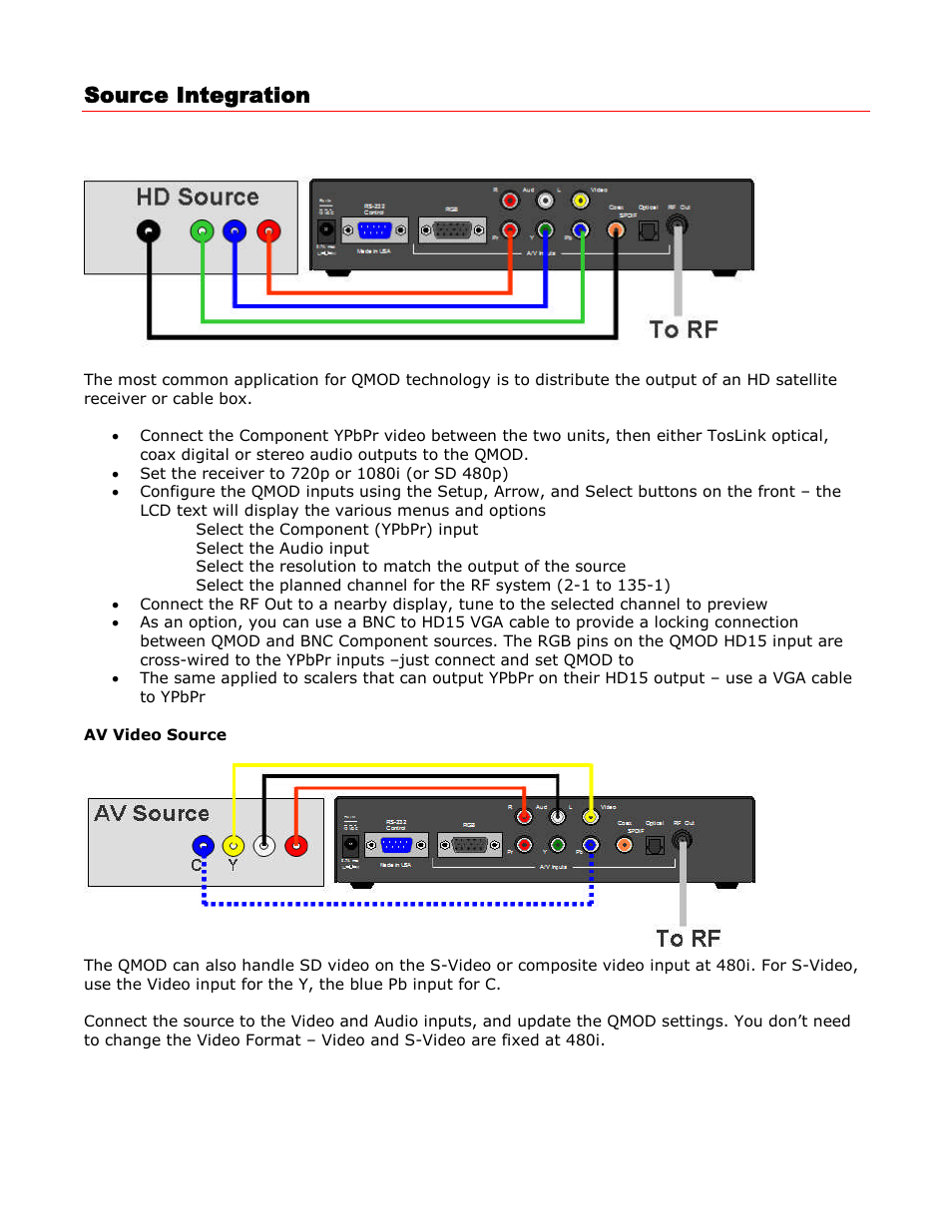 Source integration, Hd component source, Av video source | Contemporary Research QMOD-SDI Integration Guide User Manual | Page 4 / 19