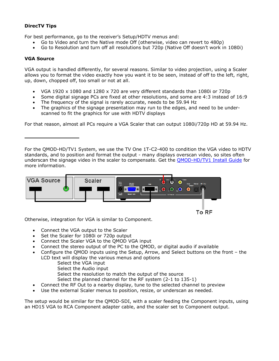 Directv tips, Vga source, Qmod-hd/tv1 system | Contemporary Research QMOD-SDI Integration Guide User Manual | Page 5 / 19