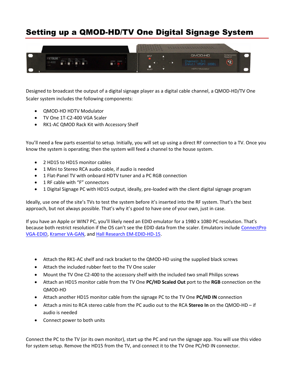 Contemporary Research QMOD-HD TV One Integration User Manual | 5 pages