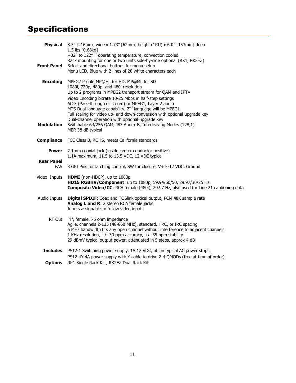 Specifications | Contemporary Research QMOD-HDMI1.5 User Manual | Page 11 / 13