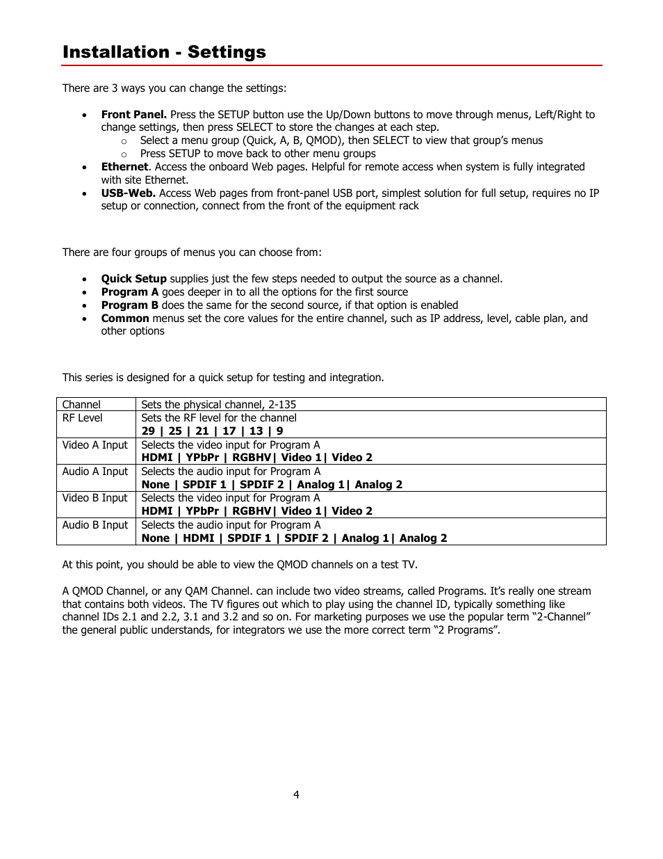 Installation - settings, Front panel menus, Quick setup menus | Contemporary Research QMOD-HDMI1.5 User Manual | Page 4 / 13