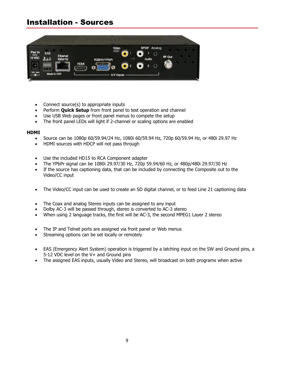 Installation - sources, Process, Component | Video/cc, Audio inputs, Ethernet | Contemporary Research QMOD-HDMI1.5 User Manual | Page 9 / 13