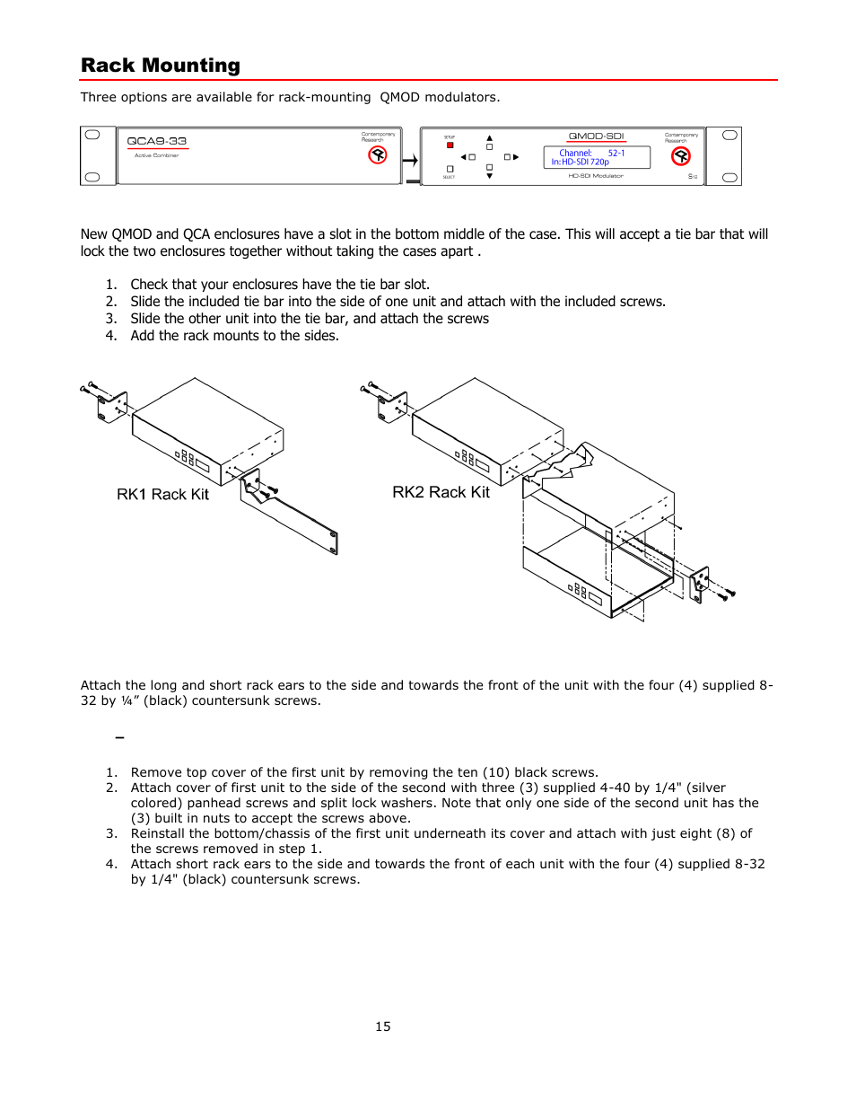 Rack mounting, Rk2 dual rack kit with tie bar mounting, Rk1 single unit rack mount | Rk2 – locking cases together | Contemporary Research QMOD-HDSC Manual User Manual | Page 15 / 17
