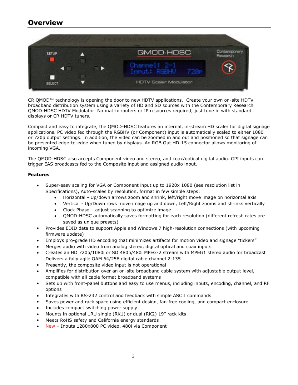 Overview, Features | Contemporary Research QMOD-HDSC Manual User Manual | Page 3 / 17