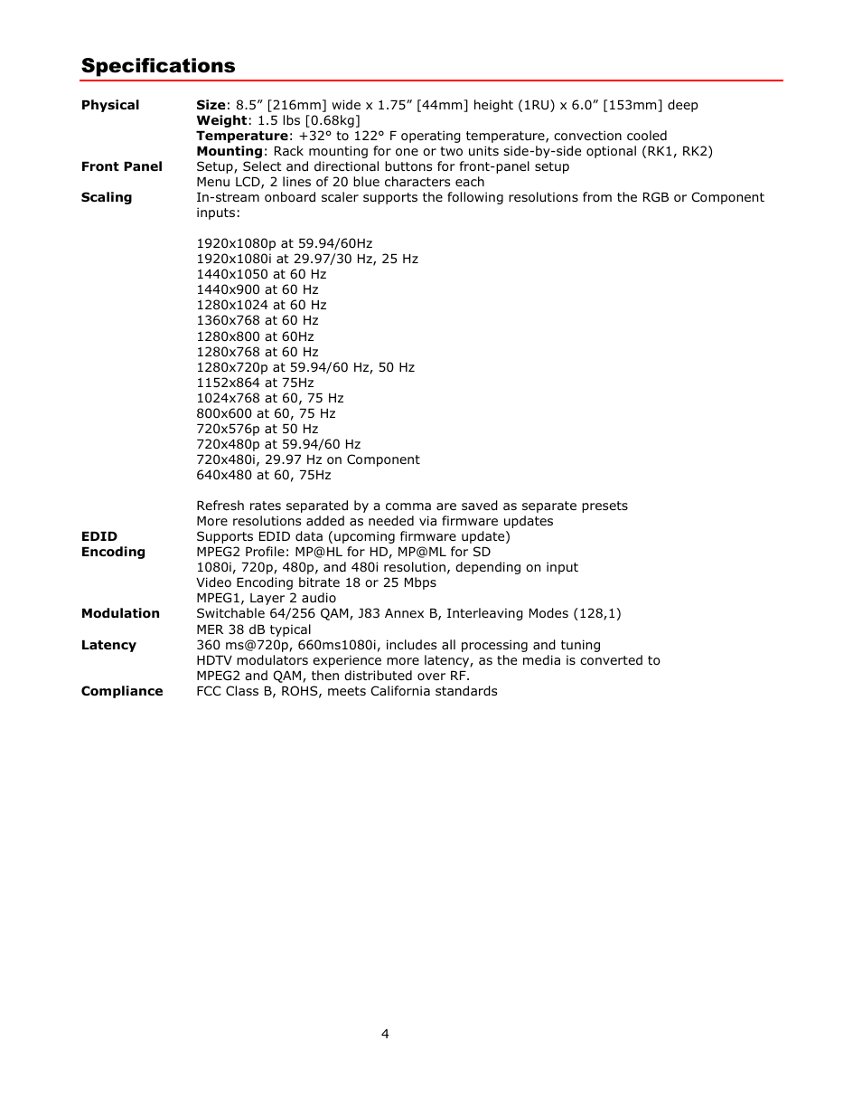 Specifications | Contemporary Research QMOD-HDSC Manual User Manual | Page 4 / 17