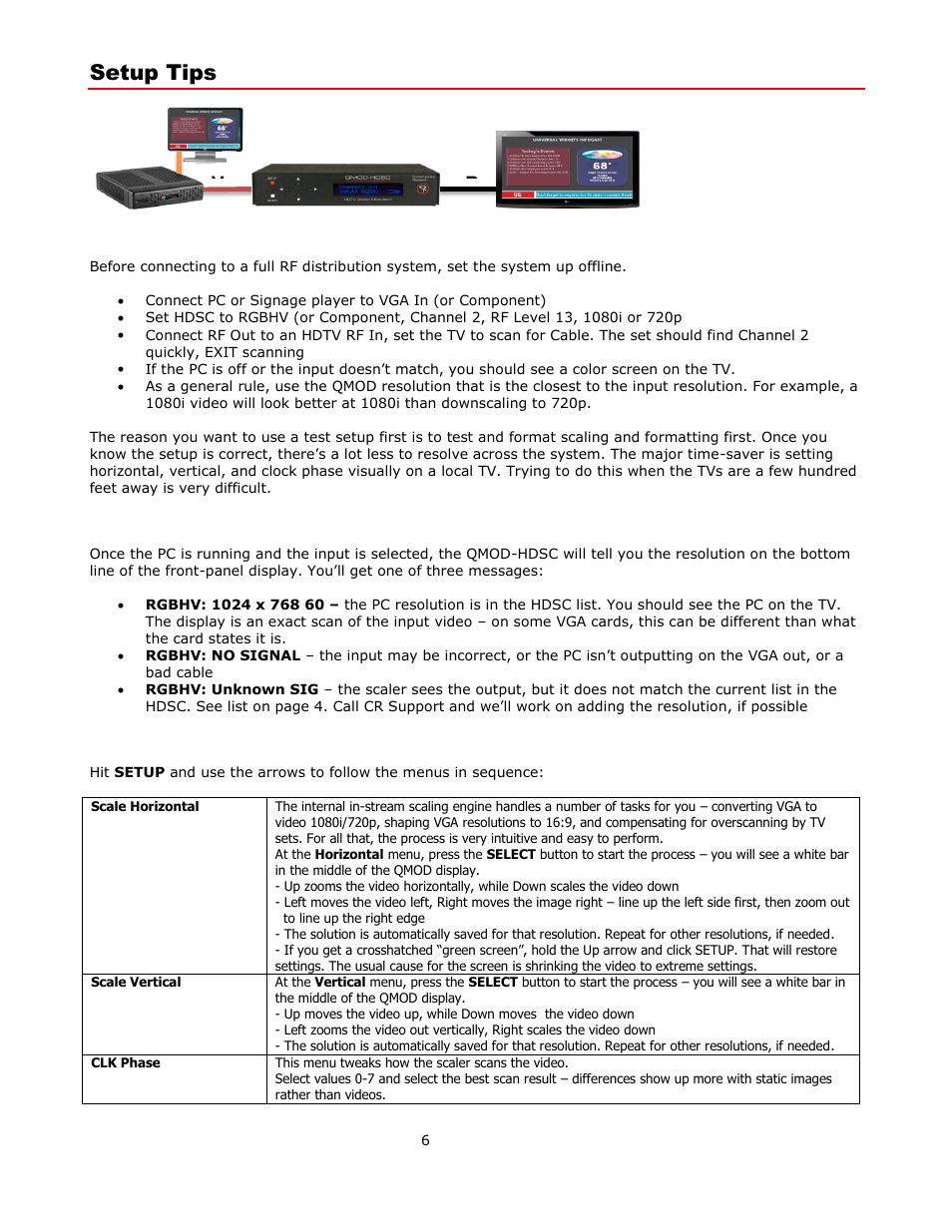 Setup tips, Test setup, Testing resolution | Formatting | Contemporary Research QMOD-HDSC Manual User Manual | Page 6 / 17