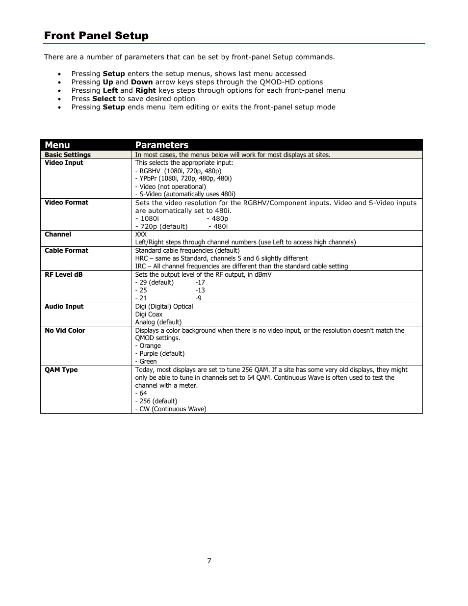 Front panel setup, Front panel menus, Menu parameters | Contemporary Research QMOD-HDSC Manual User Manual | Page 7 / 17
