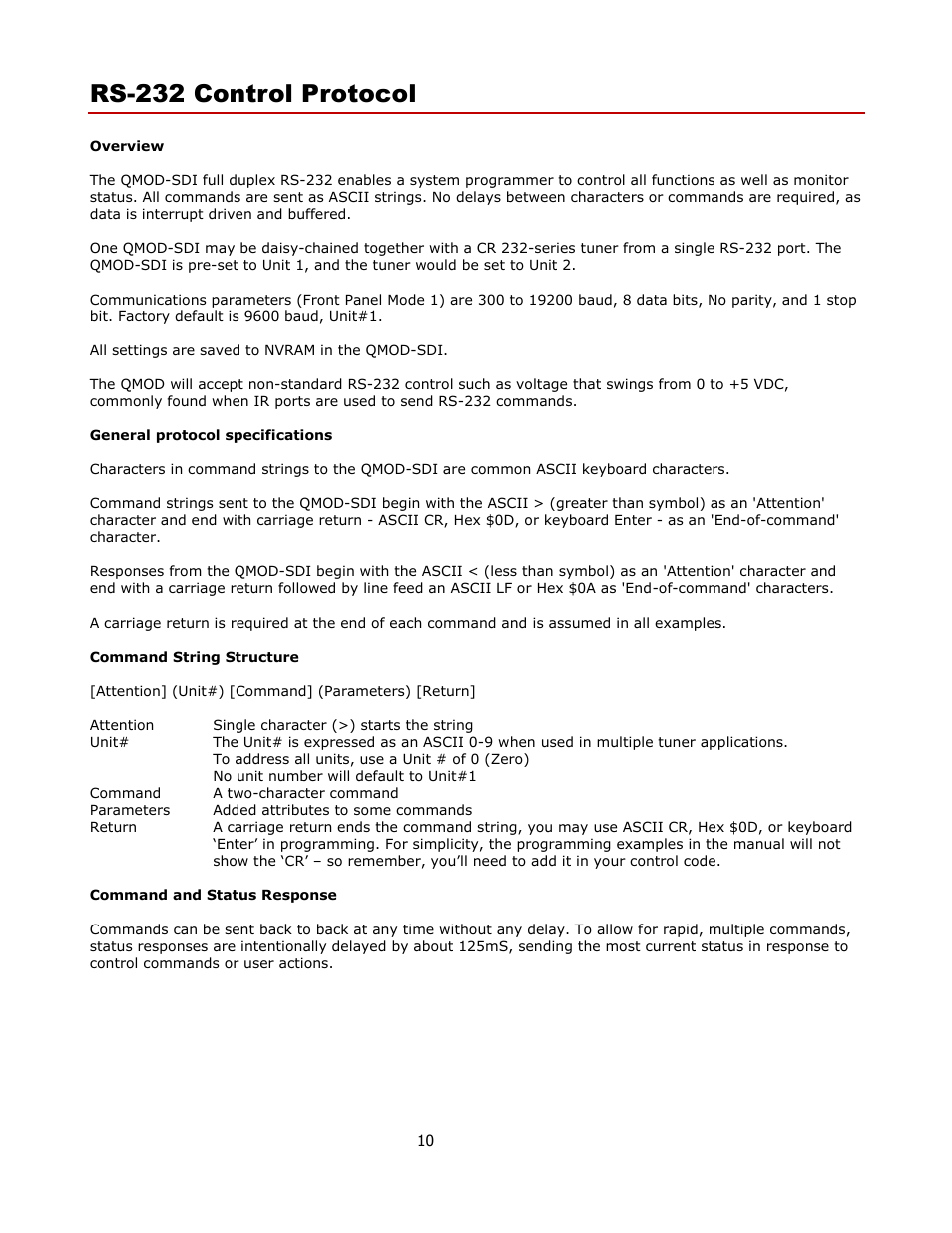 Rs-232 control protocol | Contemporary Research QMOD-SDI Manual User Manual | Page 10 / 16