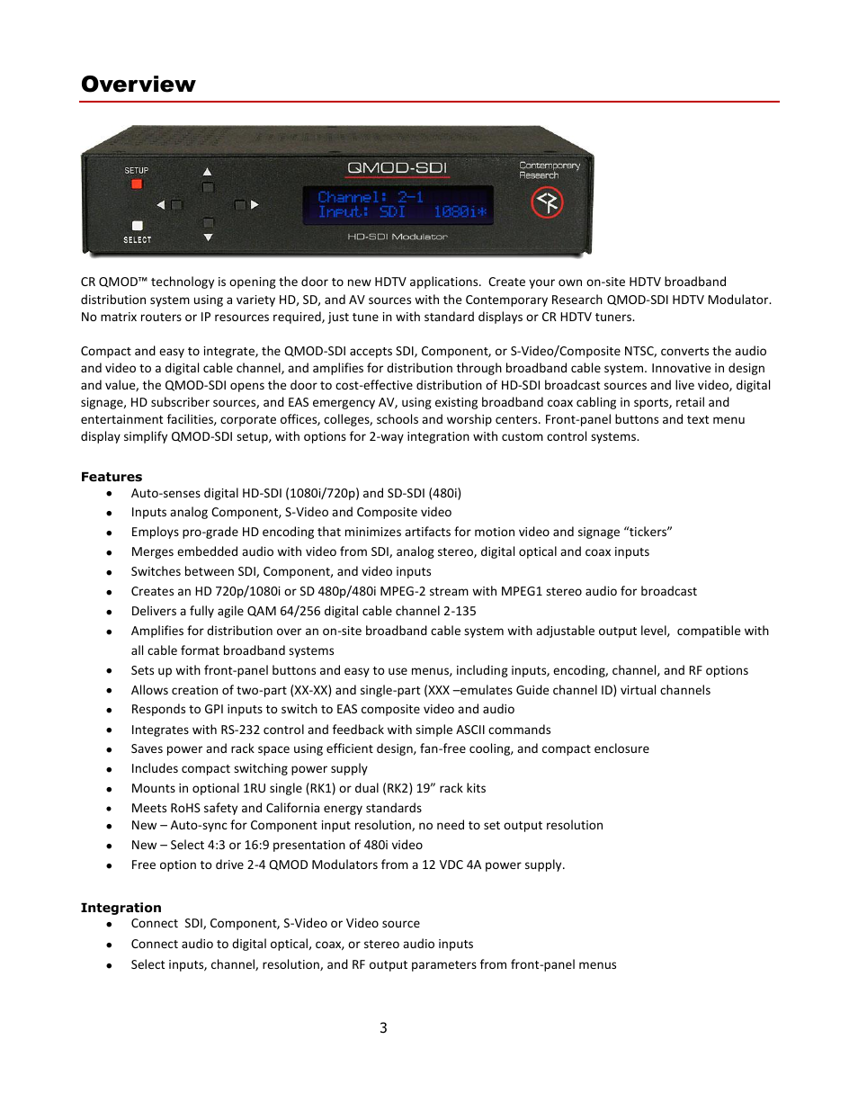 Overview, Features, Integration | Contemporary Research QMOD-SDI Manual User Manual | Page 3 / 16