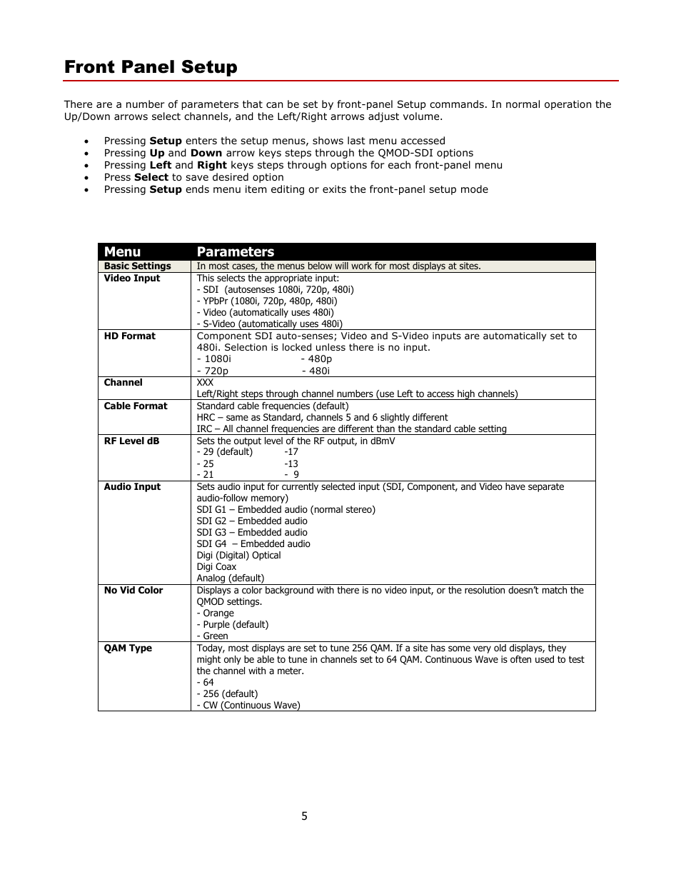 Front panel setup, Front panel menus, Menu parameters | Contemporary Research QMOD-SDI Manual User Manual | Page 5 / 16