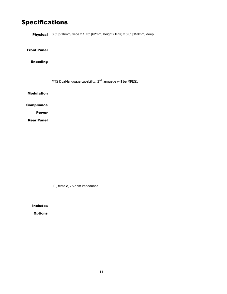 Specifications | Contemporary Research QMOD-SDI1.5 User Manual | Page 11 / 13