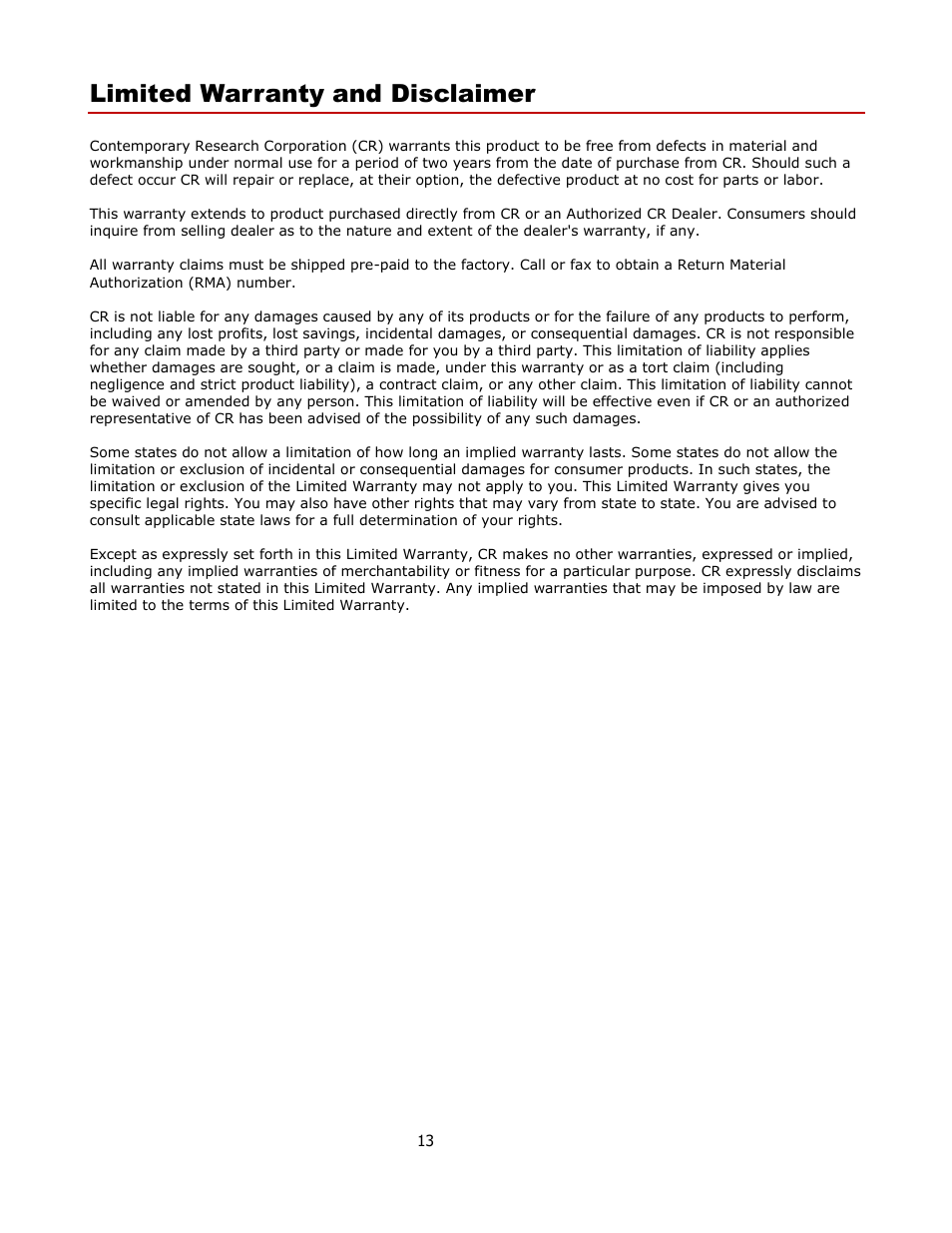 Limited warranty and disclaimer | Contemporary Research QMOD-SDI1.5 User Manual | Page 13 / 13