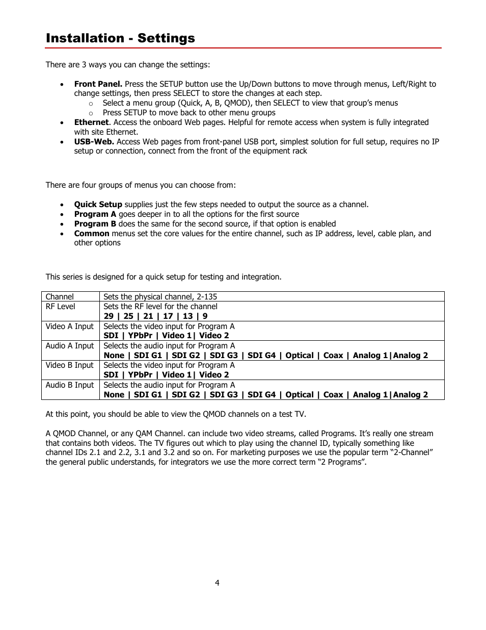 Installation - settings, Front panel menus, Quick setup menus | Contemporary Research QMOD-SDI1.5 User Manual | Page 4 / 13
