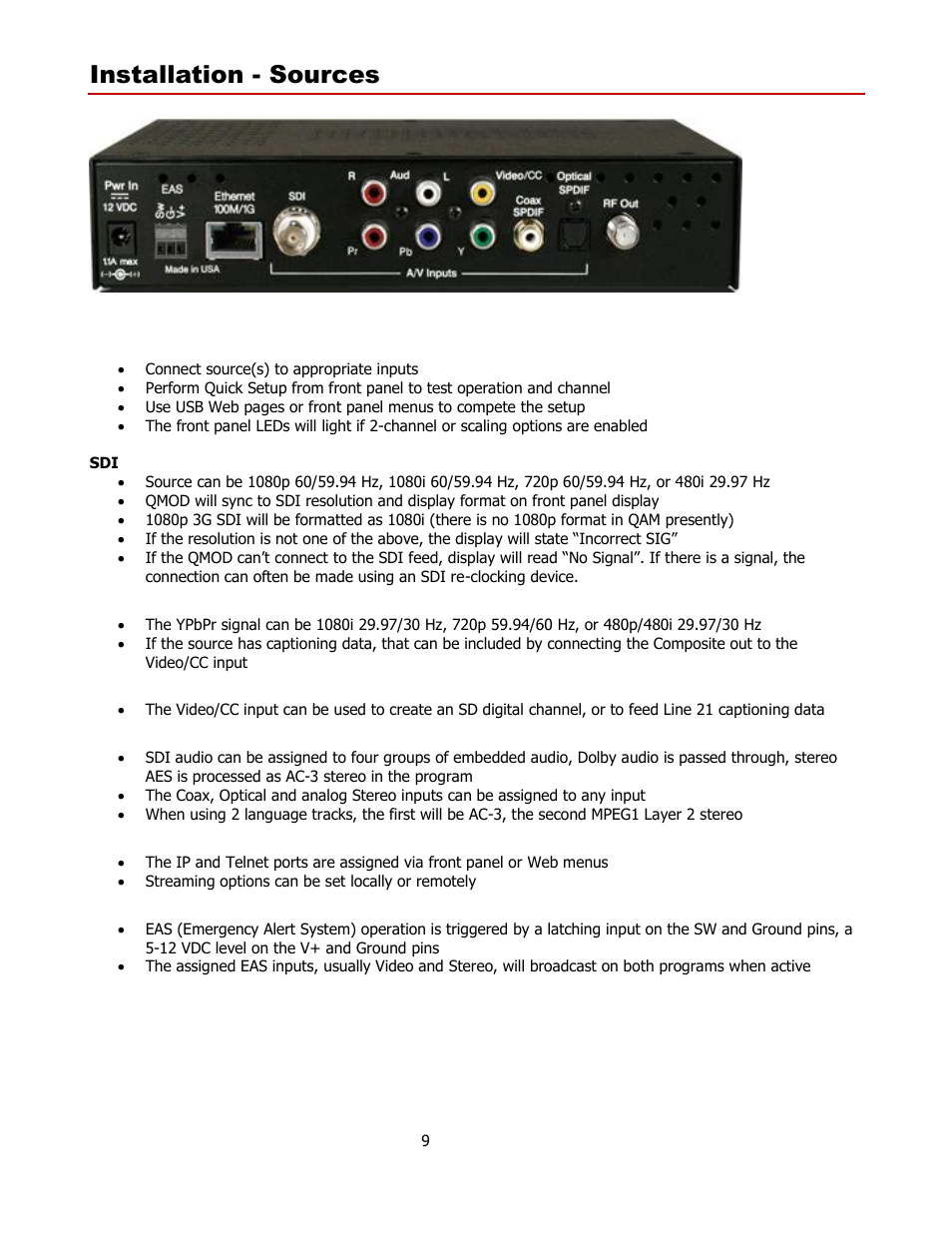 Installation - sources, Process, Component | Video/cc, Audio inputs, Ethernet | Contemporary Research QMOD-SDI1.5 User Manual | Page 9 / 13